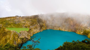 Ende 'deki Kelimutu' nun Üç Renkli Gölü 'nün büyüleyici hava görüntüsünü deneyin. Mistik bulutlara sarılmış, efsanevi zengin bu büyülü yer, ruhu büyüleyen nefes kesici bir manzara sunuyor..