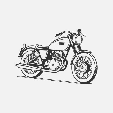 Siyah ve beyaz klasik motosiklet silueti çizimi. Klasik klasik bir motosiklet silueti. Retro, motorcu ve seyahat temalı tasarımlar için ideal. Dijital ve yazdırma kullanımı için yüksek kaliteli vektör ve PNG biçimlerinde kullanılabilir.