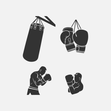 Boks Salonu Malzemeleri ve Dövüşçü Pozu Silueti. Fitness, dövüş sporları ve spor markaları için mükemmel. Dijital ve yazdırma kullanımı için uygun temiz siyah ve beyaz vektör illüstrasyonu.