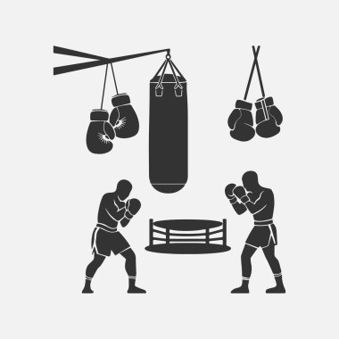 Boks Salonu Eldivenleri, Kum Torbası ve Dövüşçüler. Fitness, dövüş sporları ve spor markaları için mükemmel. Dijital ve yazdırma kullanımı için uygun temiz siyah ve beyaz vektör illüstrasyonu.