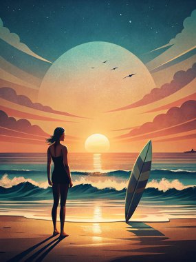 Sörf tahtası olan bir plaj kızı, yaz ve macera teması için mükemmel..