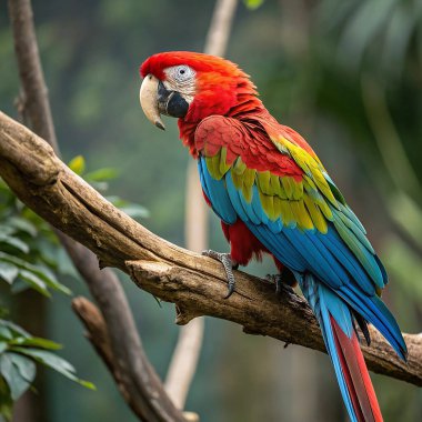 Doğanın bir dalına tünemiş renkli papağan.