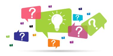 Soru işaretli konuşma baloncukları ve ampul simgeleri. Çözüm veya fikir vektörü çizimi.