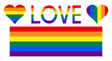 LGBT gay gökkuşağı kalp sembolü homoseksüel gurur pankartı olan aşk metni. Eşcinsel gurur çerçevesi simgesi. Gökkuşağı kalp vektör illüstrasyonu.