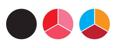 Three part pie charts in various colors for data visualization. Circle divided into three equal segments. clipart