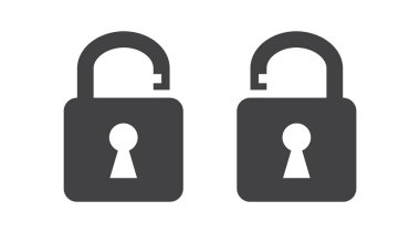 Kilitli olmayan iki asma kilit. Düz beyaz arkaplanda kilitlenmiş asma kilit simgeleri.