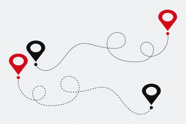 Location pins and connecting paths. Journey or route concept of start point and end point dash line. clipart