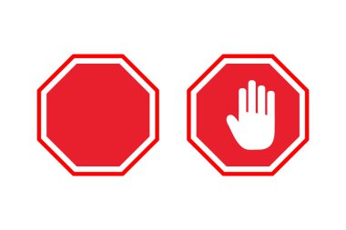 Stop sign with forbidden symbol, warning icon. Red octagonal stop sign with hand. No entry stop hand symbol. clipart