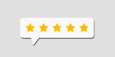 Beş yıldızlı reyting. Konuşma balonunda beş yıldız görünüyor. Geribildirim, İnceleme ve not konsepti.