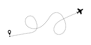 Çizgili ve konum işaretli uçak uçuş rotası. Başlangıç noktası olan uçak rotası.