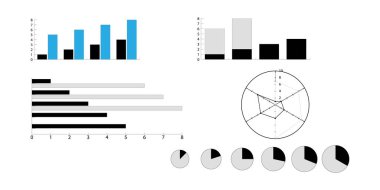 Data Visualization of Multiple Statistical Charts including bar graphs, bar charts, pie charts, and a radar chart. clipart