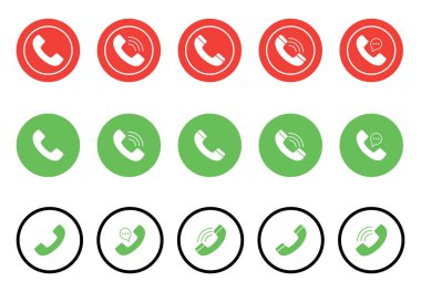 Kırmızı ve yeşil daireli telefon arama simgeleri koleksiyonu.