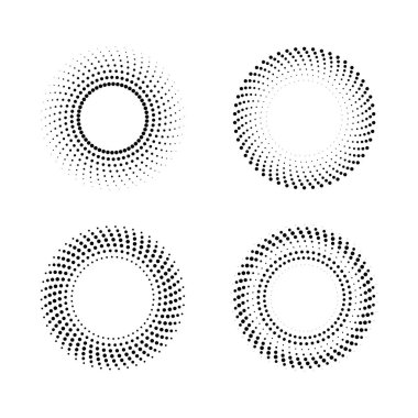 Yarım tonlu veya noktalı efektli soyut geometrik dairesel grafik elementler.