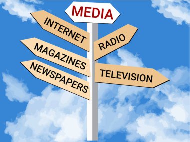 Medya, internet, radyo, dergiler, televizyon, oklu gazeteler, bulutlu metal tabela gökyüzü. Ticari haberler ve yayın bilgileri.