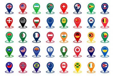 Pointer İşaretleyicileri Haritası Beyaz zemin üzerinde Ulusal Bayraklı Simgeler 40 Ülke.