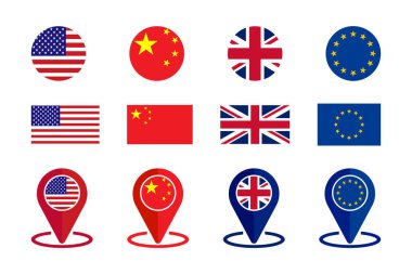 ABD, Çin, İngiltere ve AB ülke bayraklarında harita işaretleyici simgeleri ve beyaz arkaplanda yuvarlak bayraklar.