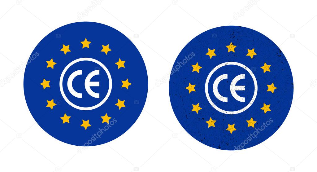 Two CE European Conformity Marks on Blue Backgrounds.