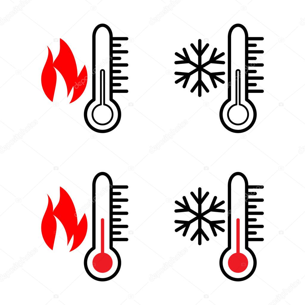 Cold weather and hot temperature icon. Freeze thermometer icon hot temperature symbol.