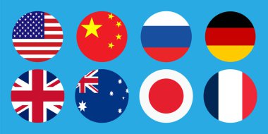 ABD, Çin, Rusya, Almanya, İngiltere, Avustralya, Japonya ve Fransa 'nın Büyük Dünya Güçleri bayrakları.