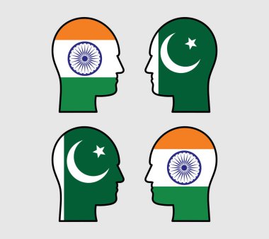 Hindistan, Pakistan 'a karşı Hindistan ve Pakistan İdeolojileri Karşıtlığı Başa Karşı. Hindistan ve Pakistan Bayrakları Profil Başı Siluetinde.