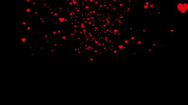 Parlak kırmızı kalpler, siyah arka planda sihirli, ateşli bir patlamayla parıldıyor. Bayram ya da bayram kutlamaları için mükemmel bir tasarım..