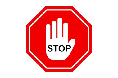 Beyaz El Sembollü Kırmızı Sekizgen Dur İşareti. Yasak Faaliyetler için El Sembolünü Durdur.