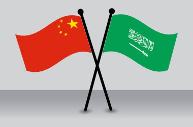 Çapraz Çin ve Suudi Arabistan Bayrakları Düz Bayraklar Sallıyor. Resmi Orantı.