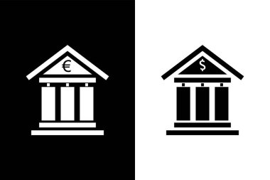 Tasarım, uygulama, UI, logo için avro ve dolar işaretli banka simgesi veya bina şekli.