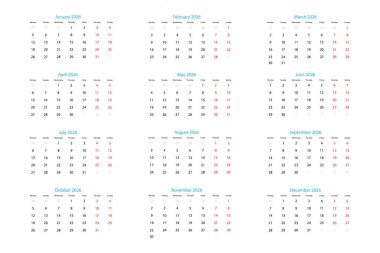 2026 için tam takvim, Yüksek Çözünürlüklü Resim.