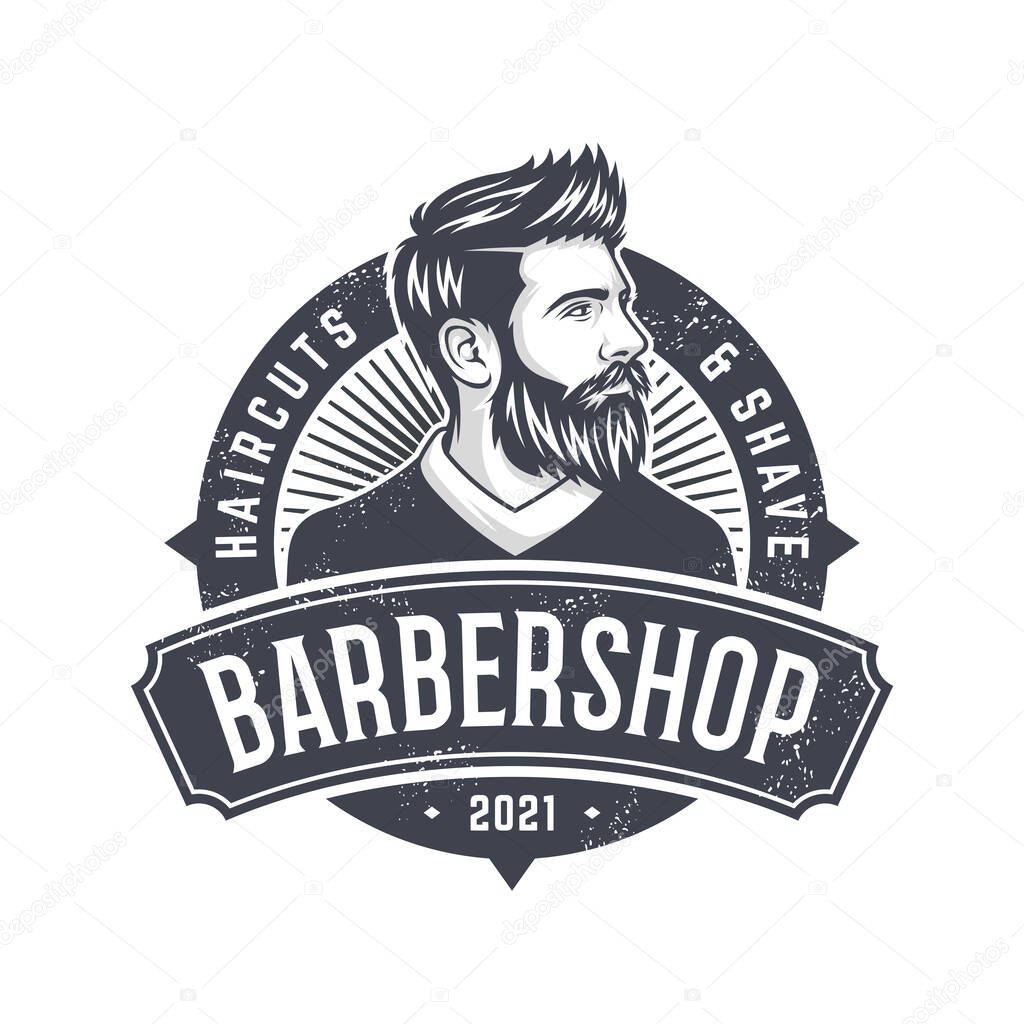 Vector vintage barber shop logo for your design. For Label, Badge, Sign or Advertising. Hipster Man, Hairdresser Logo.