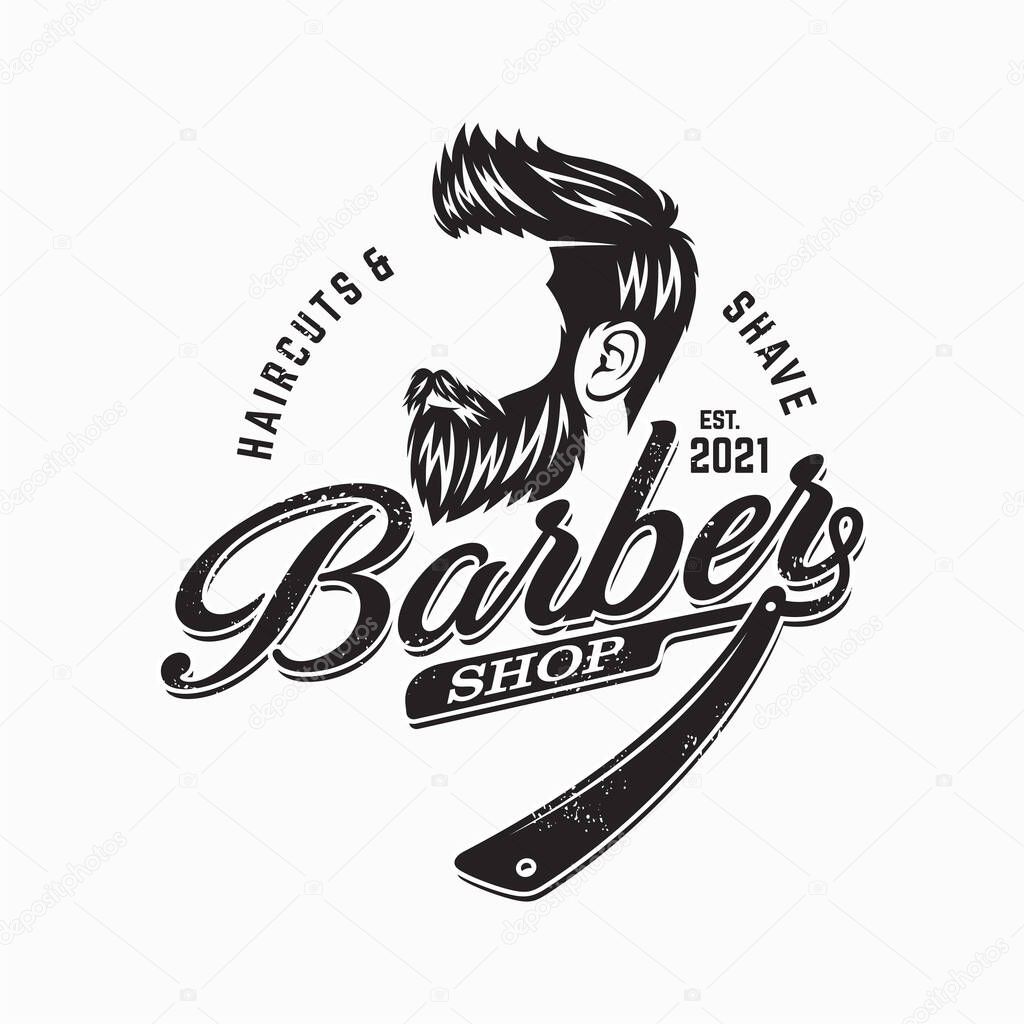 Vector vintage barber shop logo for your design. For Label, Badge, Sign or Advertising. Hipster Man, Hairdresser Logo.