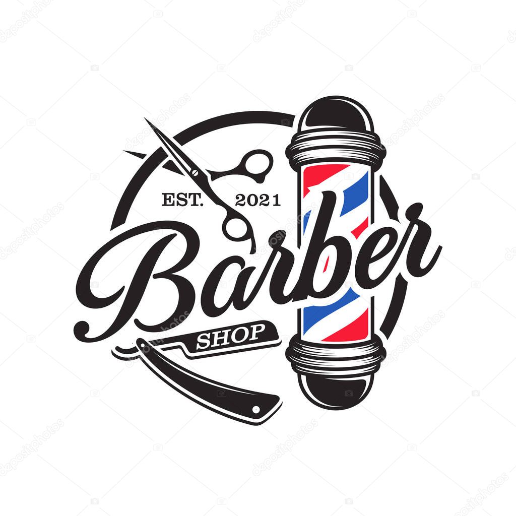 Vector vintage barber shop logo for your design. For Label, Badge, Sign or Advertising. Hipster Man, Hairdresser Logo.