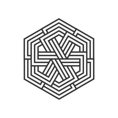 İzole çizgi sanat logosu şablonu. Soyut doğrusal logoti. Monogram geometrik simge. Tasarım elementlerini özetle. Vektör basit gelecek işareti. Altıgen çizgi şekilleri.
