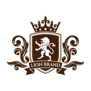Lüks Lion arması arma logosu. Zarif altın Heraldik kalkan ikonu. En iyi marka kimlik amblemi. Kraliyet arması silah şirketi sembolü. Modern vektör illüstrasyonu.