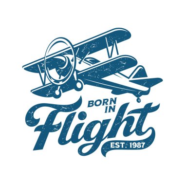 Antika uçak logosu. Vector el, logo, etiket, amblem ve işaret için kabartma tarzında havacılık çizimi yaptı. Vektör illüstrasyonu