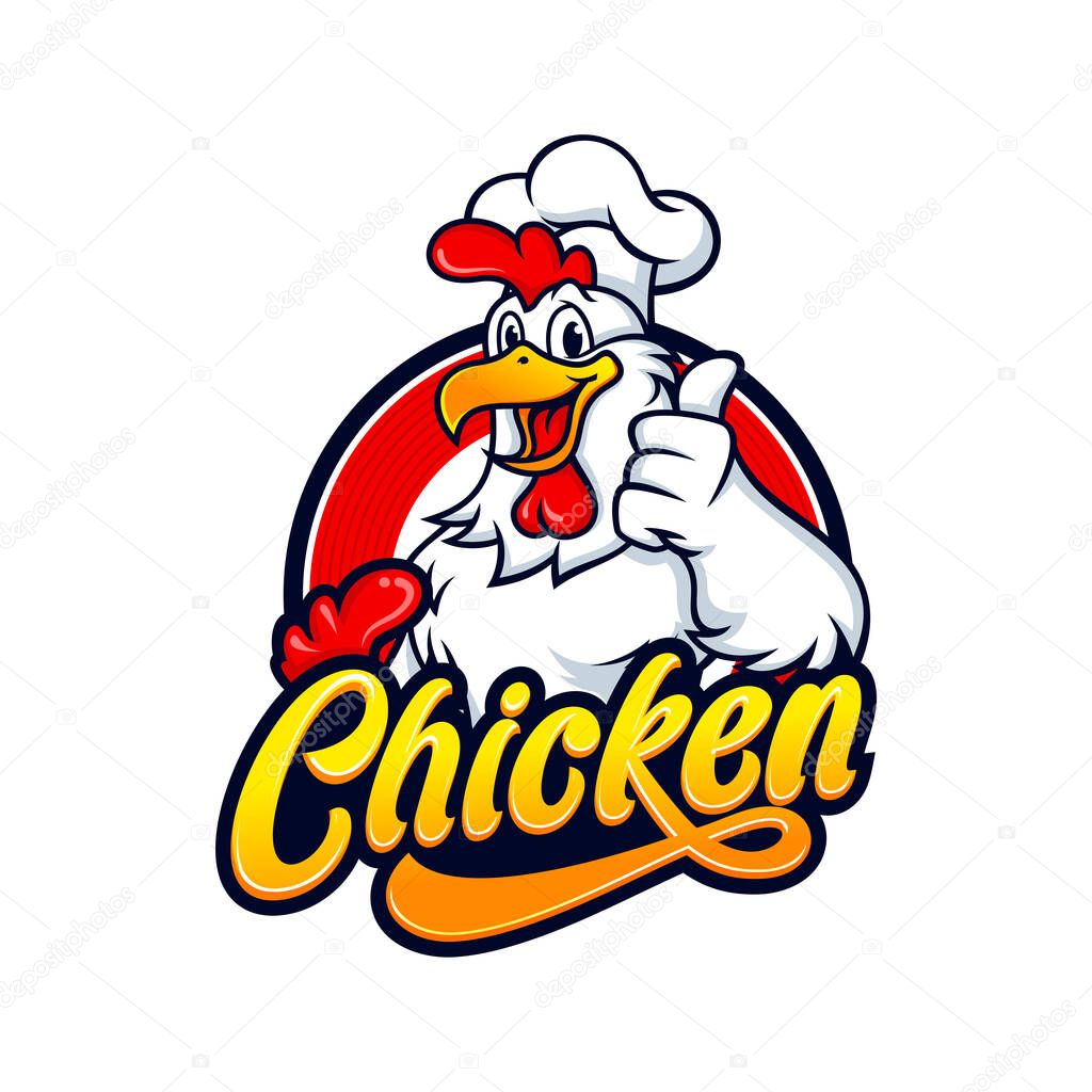 Chicken Logo Cartoon Character. A funny Cartoon Rooster chicken giving a thumbs up. Vector logo illustration.