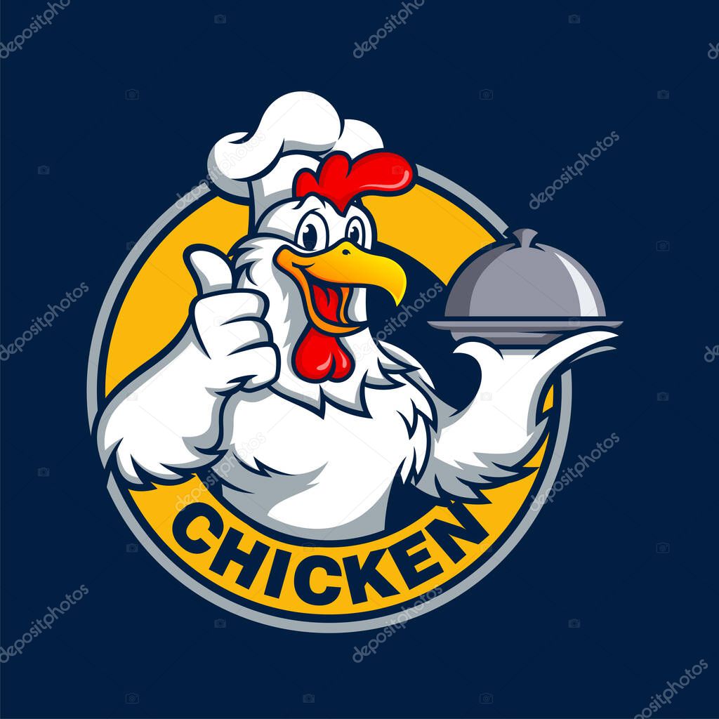 Chicken Logo Cartoon Character. A funny Cartoon Rooster chicken giving a thumbs up. Vector logo illustration.