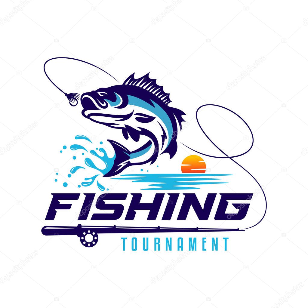 Fishing logo. Bass fish with rod club emblem. Fishing theme vector illustration. Isolated on white.