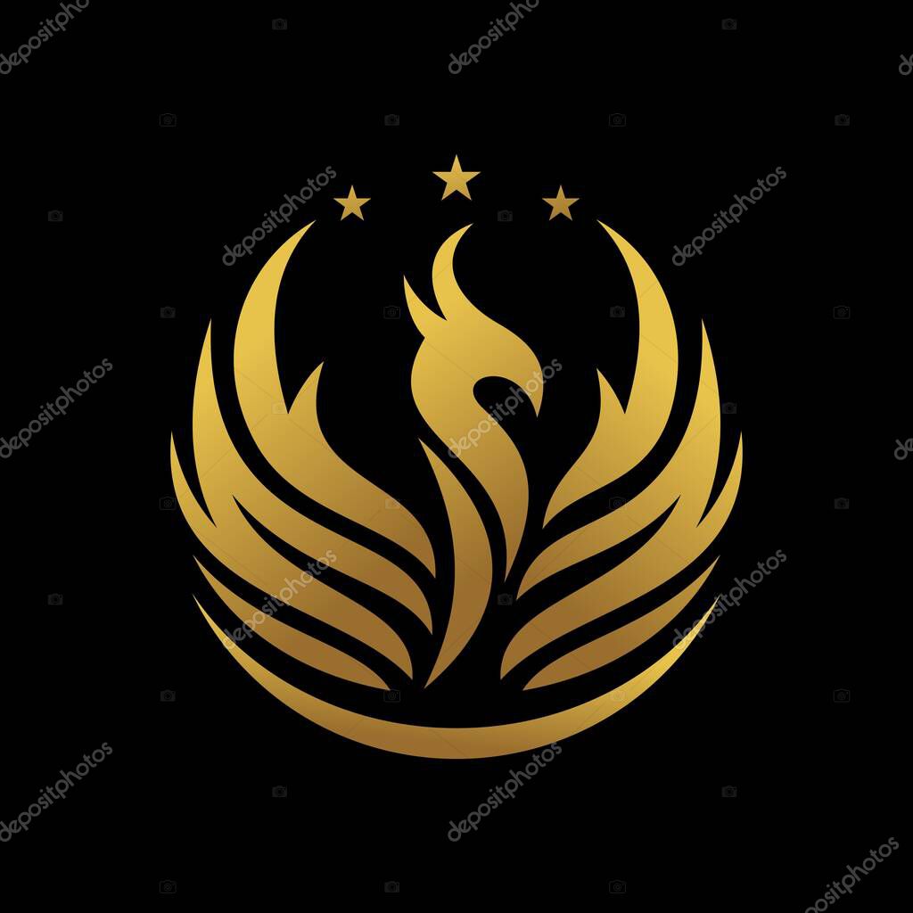 Phoenix bird, vector fenix flying with wings of fire and flames. Abstract fantasy firebird silhouette with flaming feathers, burning eagle, falcon or hawk heraldic symbol, emblem or coat of arms