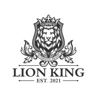 Lüks Lion arması arma logosu. Zarif altın Heraldik kalkan ikonu. En iyi marka kimlik amblemi. Kraliyet arması silah şirketi sembolü. Modern vektör illüstrasyonu.