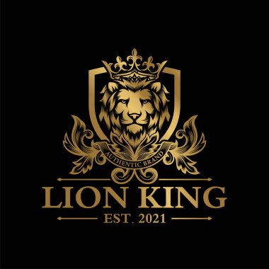 Lüks Lion arması arma logosu. Zarif altın Heraldik kalkan ikonu. En iyi marka kimlik amblemi. Kraliyet arması silah şirketi sembolü. Modern vektör illüstrasyonu.