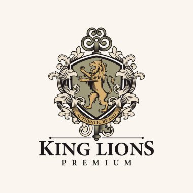 Lüks Lion arması arma logosu. Zarif altın Heraldik kalkan ikonu. En iyi marka kimlik amblemi. Kraliyet arması silah şirketi sembolü. Modern vektör illüstrasyonu.