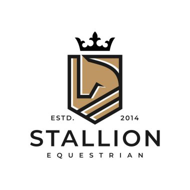 Horse logo. Stallion emblem. Wild mustang rearing icon. Luxury equine estate brand identity. Gold equestrian label design. Vector illustration.