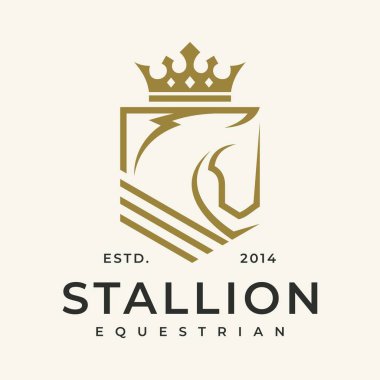 Horse logo. Stallion emblem. Wild mustang rearing icon. Luxury equine estate brand identity. Gold equestrian label design. Vector illustration.