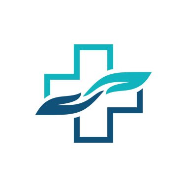 Modern Sağlık Hizmetleri Tıbbi Logosu. Mavi ve Yeşil Geometrik Çapraz Sağlık Simgesi. Düz Vektör Logo Tasarım Şablonu Elemanı.