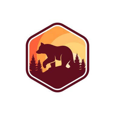 Vintage Bear Amblem Rozet Logo Tasarım Vektör Şablonu