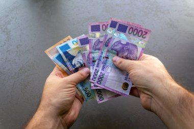 Arnavut Lek Banknotları Sayan Adam. Elinde bir yığın Arnavut Lek banknotunu tutan ve sayan bir adam, yakın plan el ve para birimi.