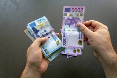 Arnavut Lek Banknotları Sayan Adam. Elinde bir yığın Arnavut Lek banknotunu tutan ve sayan bir adam, yakın plan el ve para birimi.