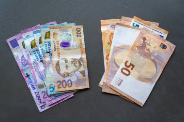 Masa Üzerine Arnavut Lek Banknotları. Arnavut Lek banknotlarının yakın plan çekimleri para birimine odaklanarak masaya serildi.