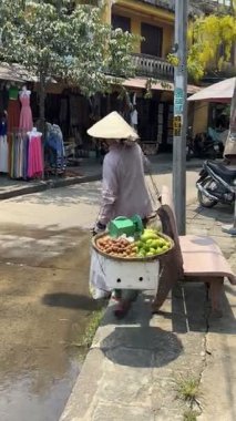 Asya 'da Geleneksel Omuz Direği Sokak Satıcısı ile Satılık Meyve Taşıyan Vietnamlı Kadın